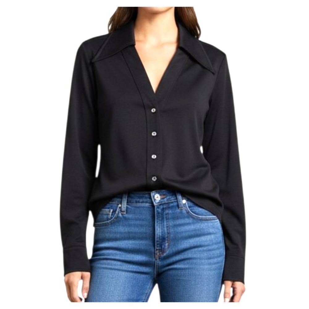VTG LEE MAR Pageant Dacron Knit BLACK BUTTON-UP TOP SHIRT Long Pointed Collar L